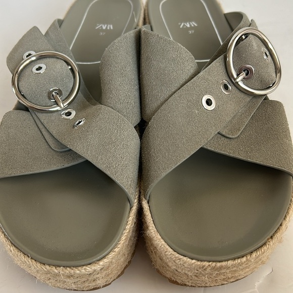 Zara espadrille platform sandal slide silver buckle sage gray green suede - Picture 6 of 16